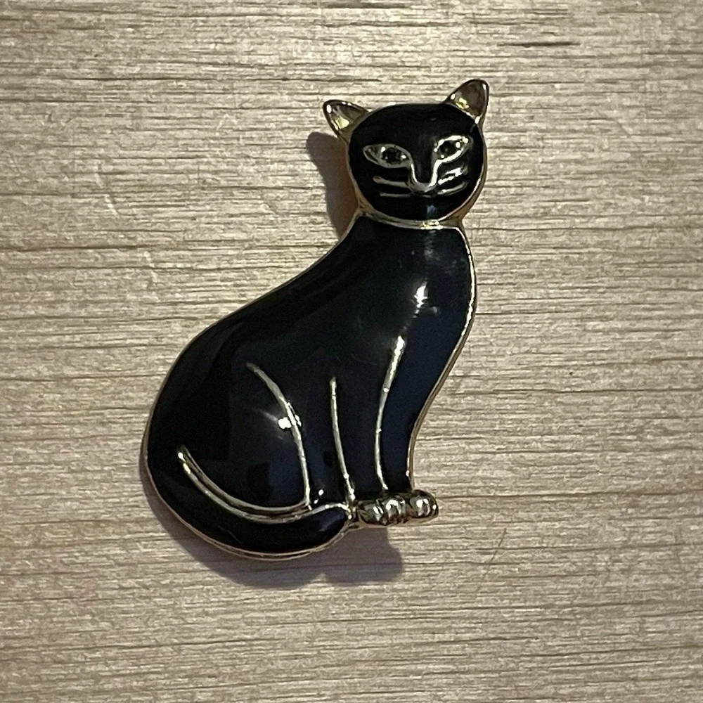 Vintage 1990s Black Cat Metal Enamel Brooch Gold Tone Kitten Pin